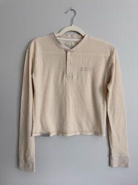 DIXXON Waffle Henley Long Sleeve Top Ivory Cropped Small
